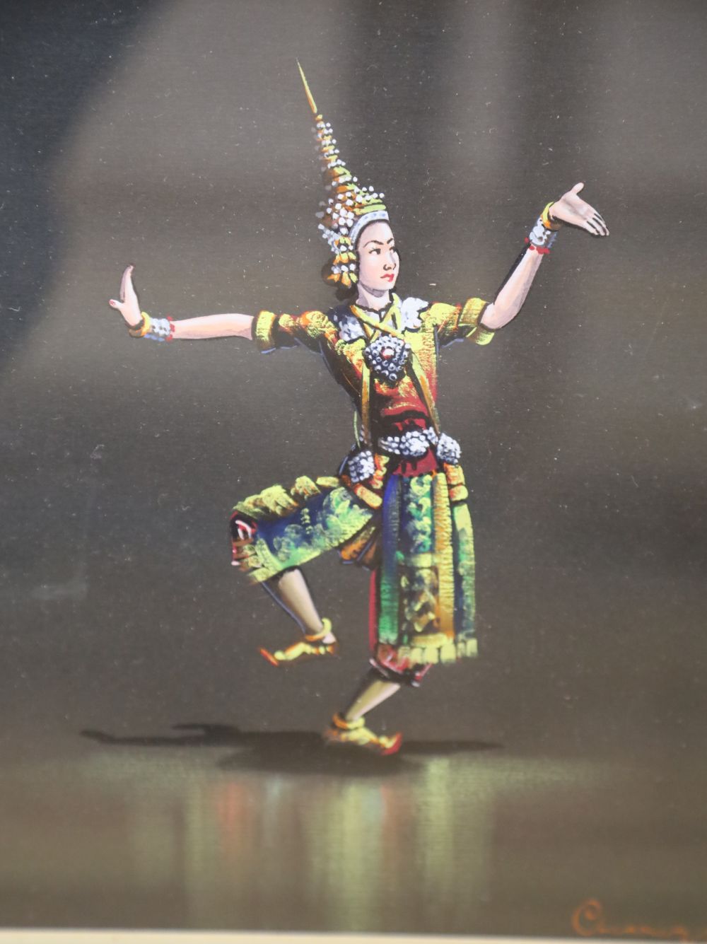 Chana, pair of gouache on black paper, Siamese dancers, signed, 24 x 20cm